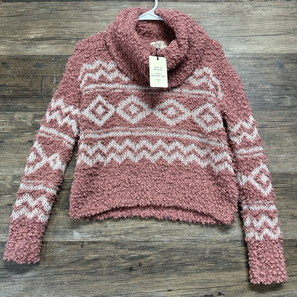 Hippie Rose Pink Cowl Neck Sweater with Plush Texture and Geometric Patterns - Picture 1 of 4